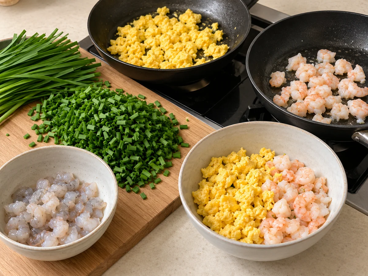 Chop chives and cook egg and shrimp