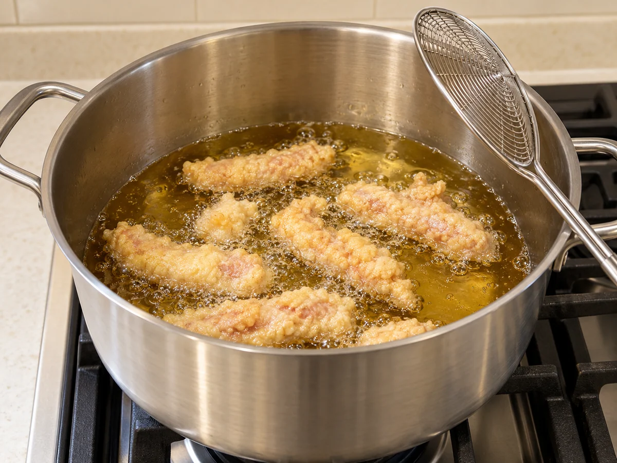 First fry at 150°C: The pale-golden coating is set and strips are separated, with center doneness to be measured.