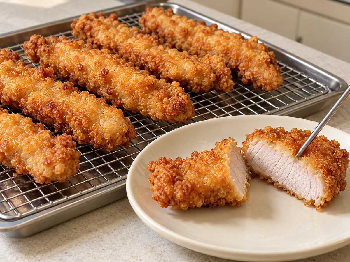 Check the center and refry: The center reaches 71°C and the crust is golden and crisp without burning.