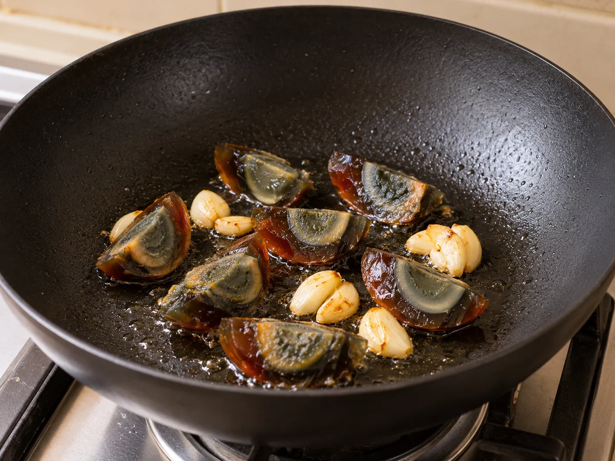 Gently fry eggs and garlic