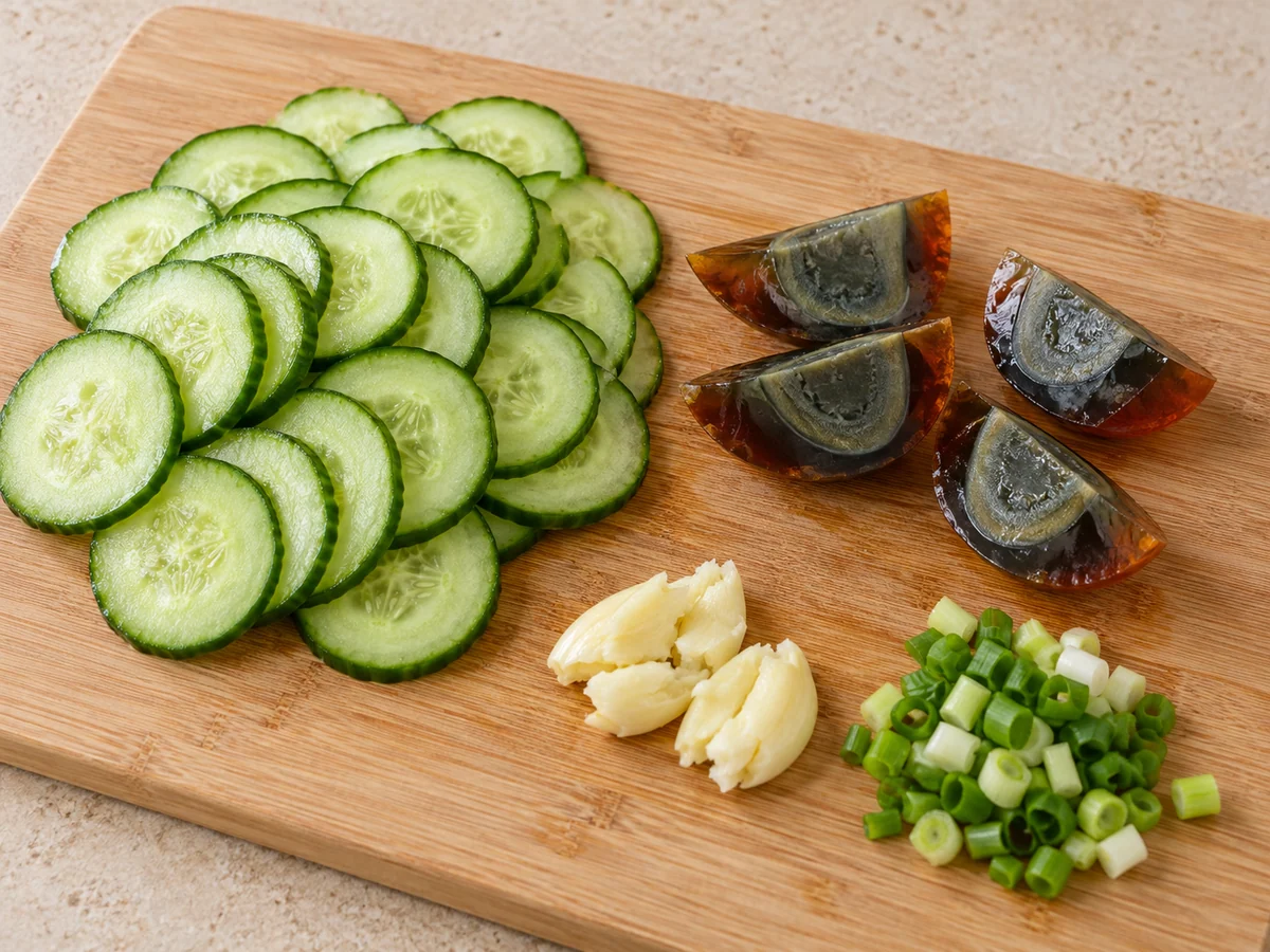 Slice cucumber and century eggs