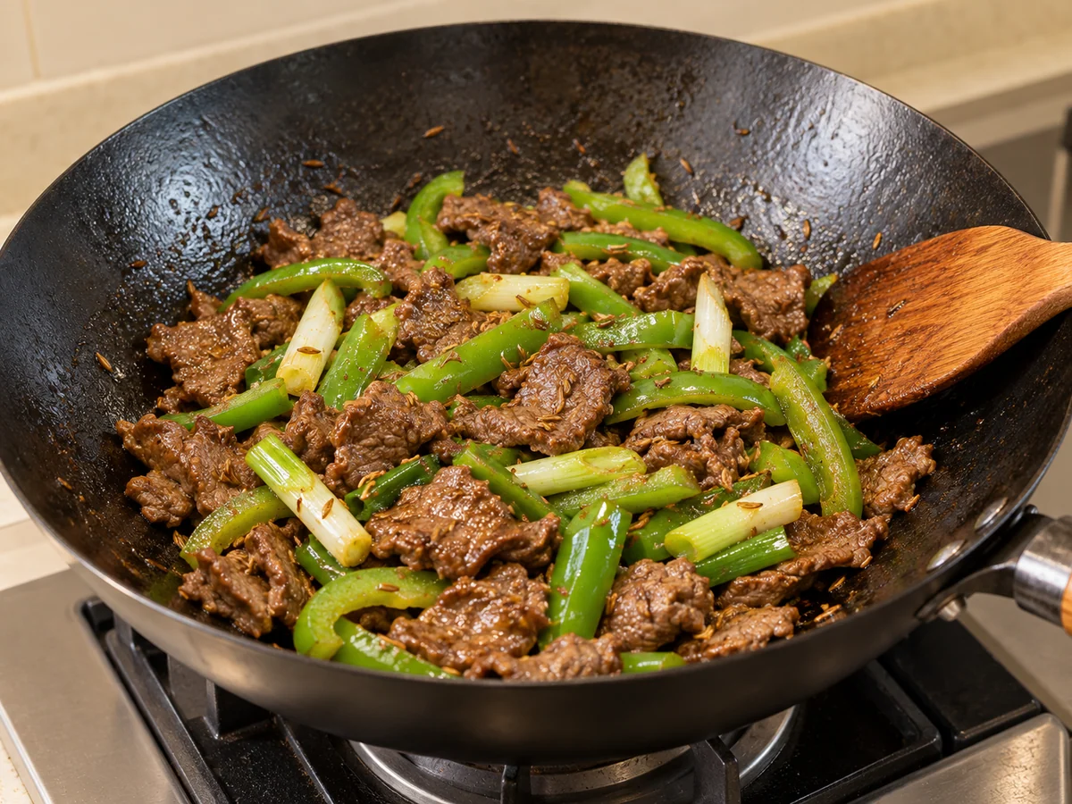 Add cumin and peppers and finish