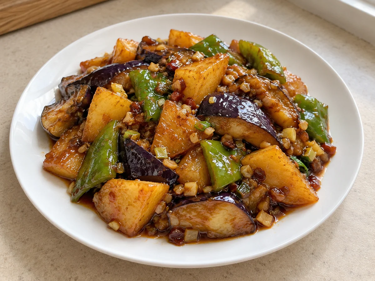 Eggplant, potato and pepper stir-fry