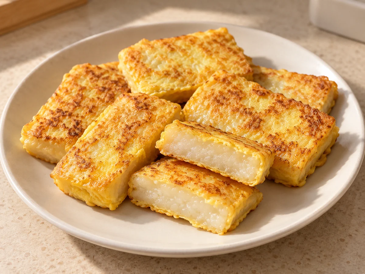 Egg-coated glutinous rice cakes