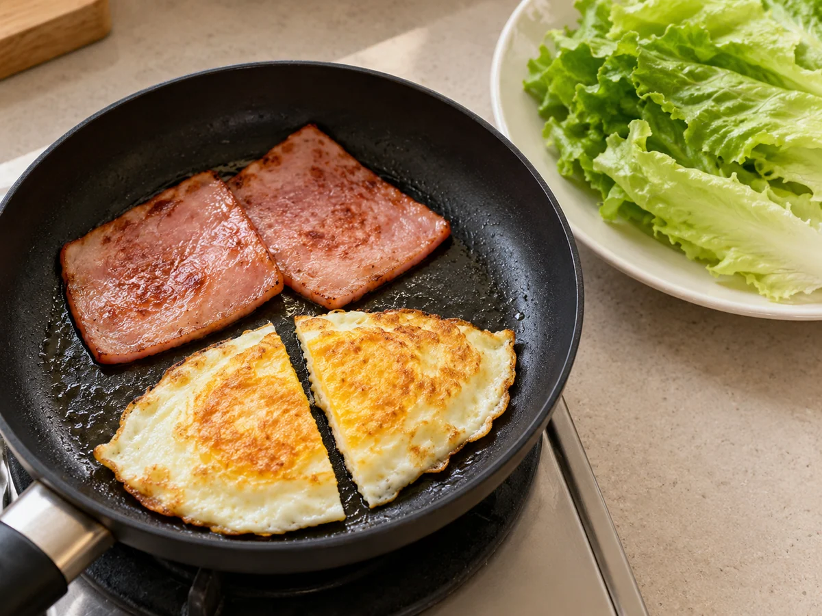 Cook the egg and fillings: The egg is fully set, ham is prepared as labeled and lettuce is drained.