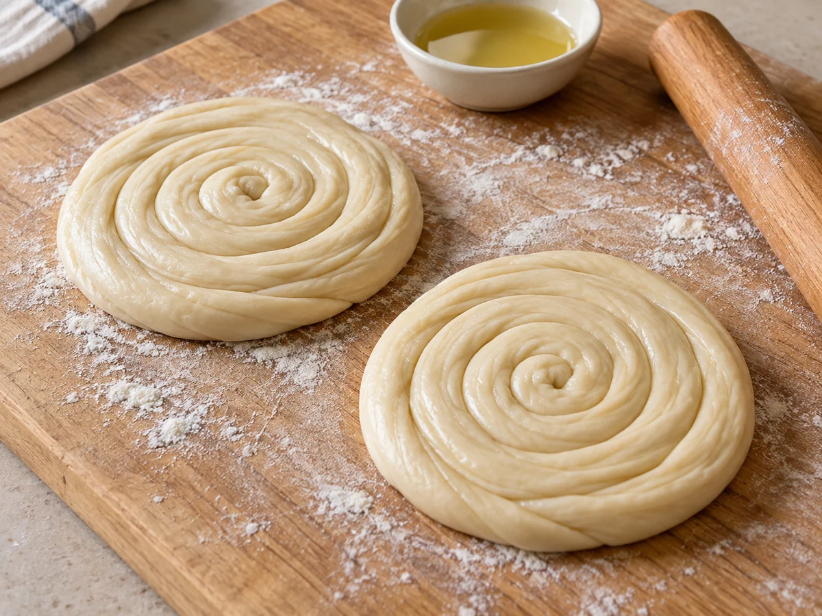 Roll, oil and coil: The dough forms coils with evenly distributed oil and salt.