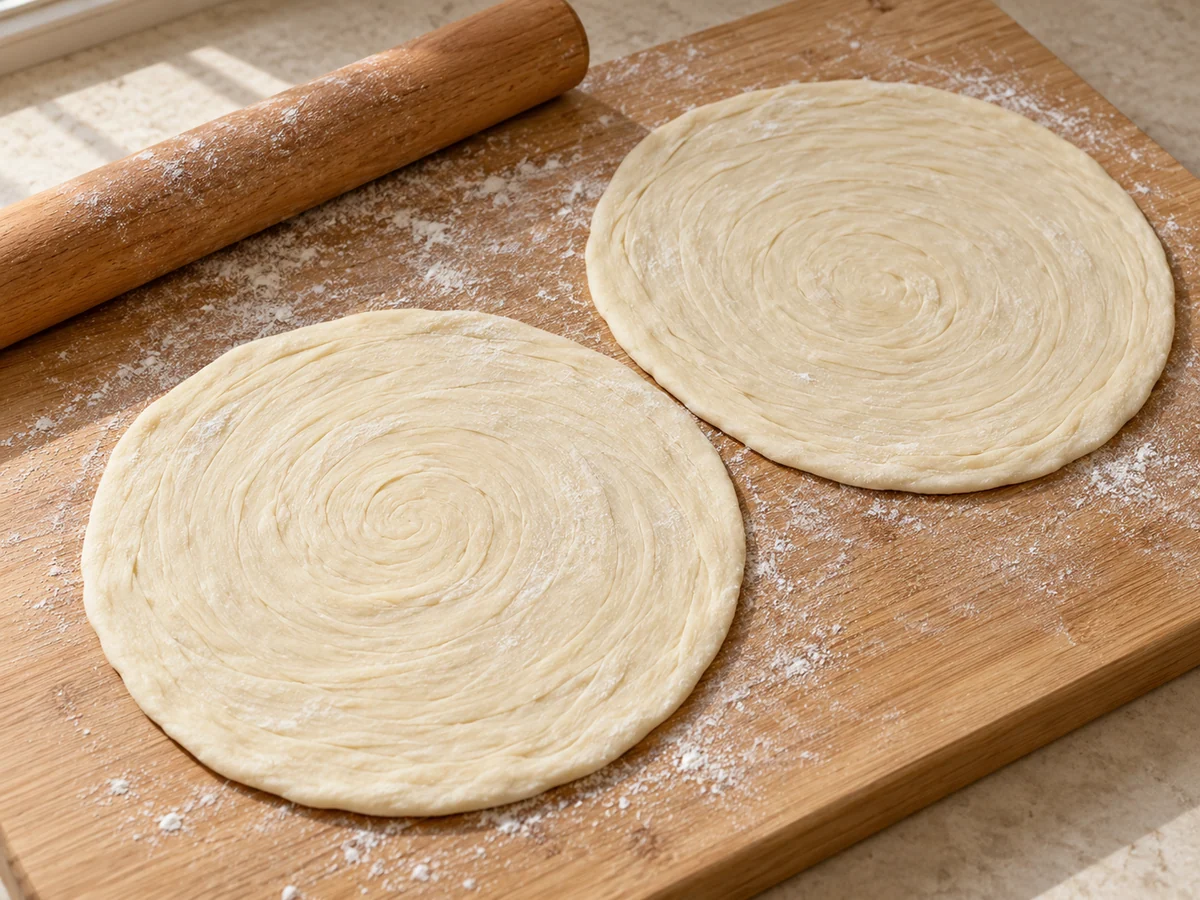 Relax and flatten the coils: The flatbreads are evenly thin with visible layers.