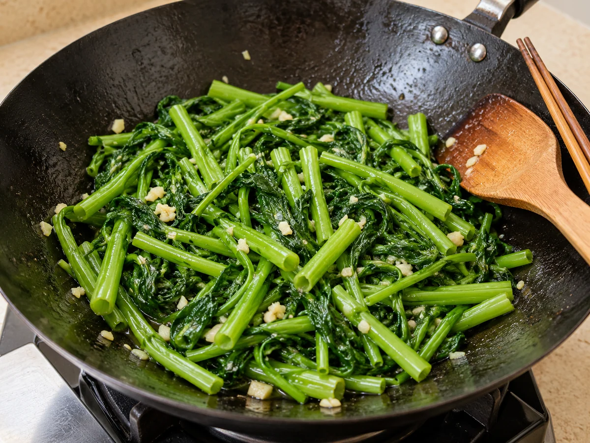 Stir-fry stems, then leaves