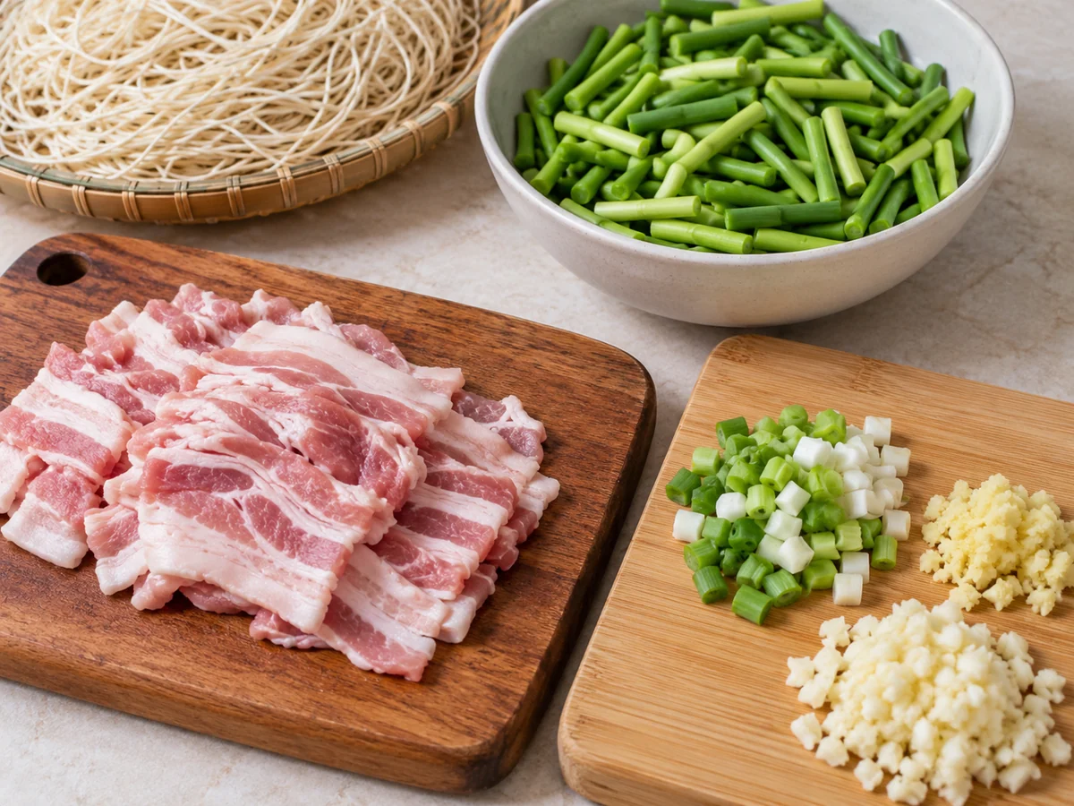 Cut pork and garlic scapes