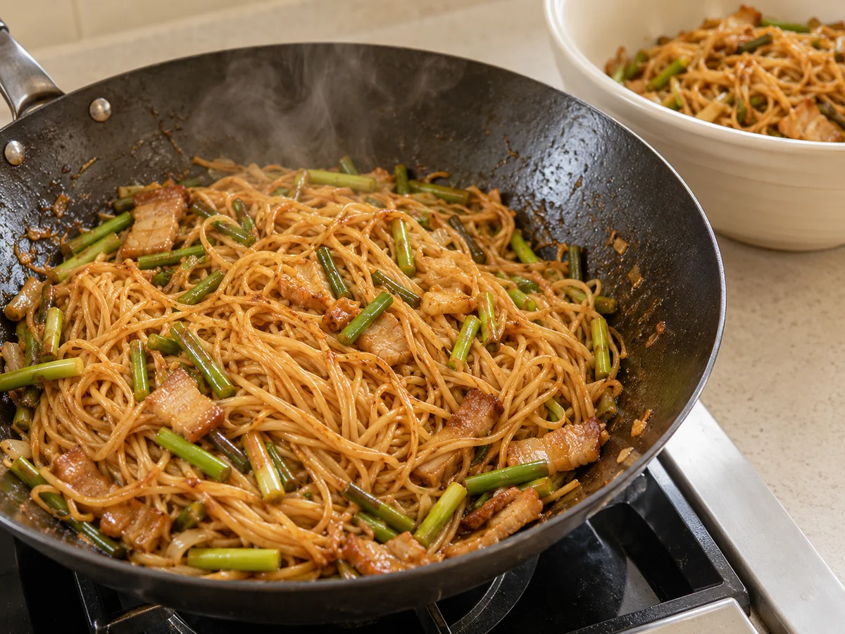 Simmer sauce and coat the noodles