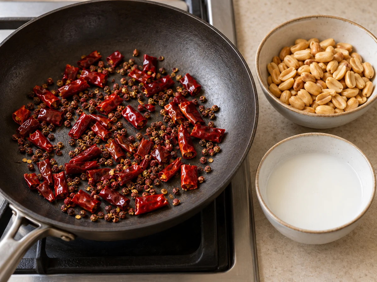 Prepare peanuts, spices and slurry