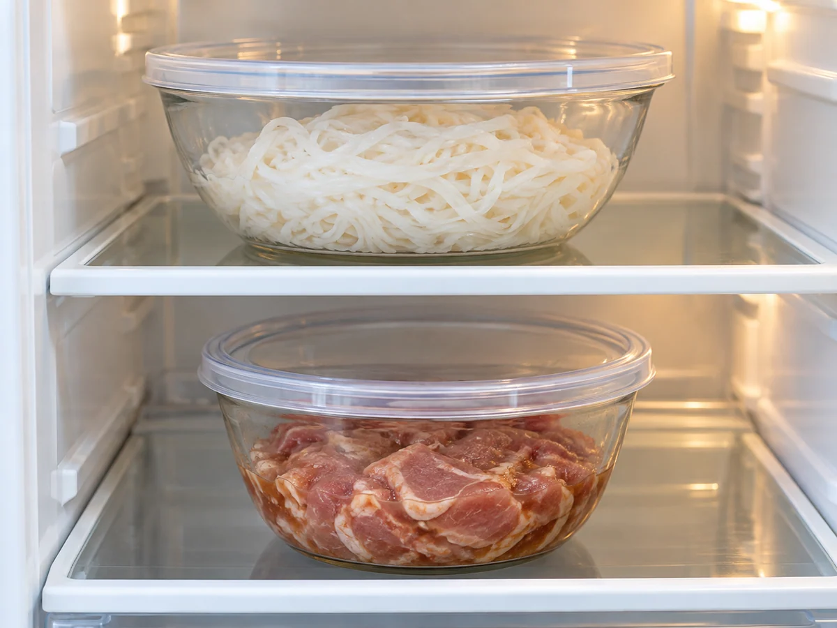 Soak noodles and season pork