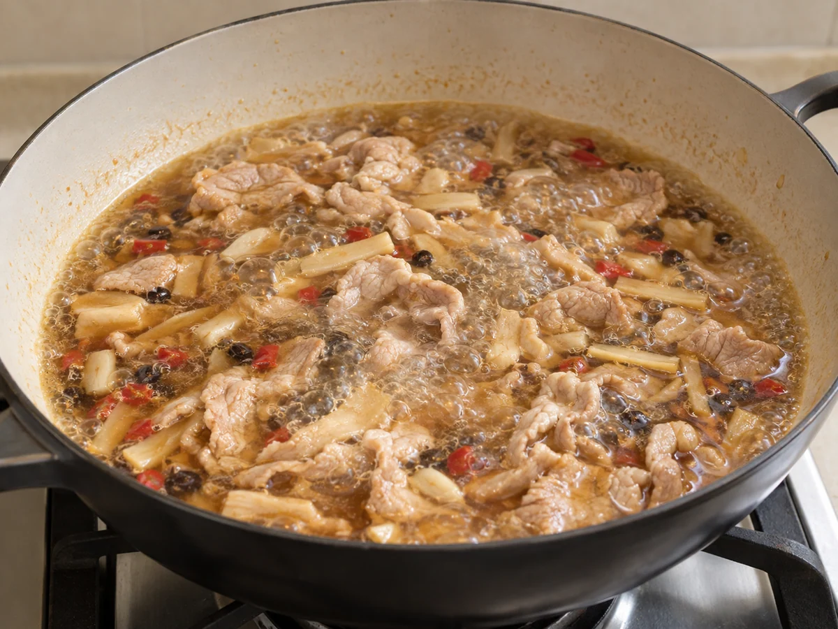 Add pork and broth