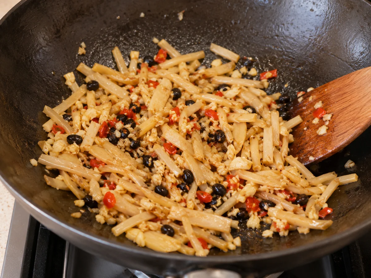 Dry-fry shoots and aromatics