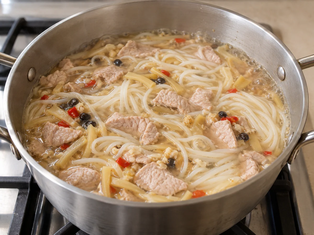 Cook noodles and pork through