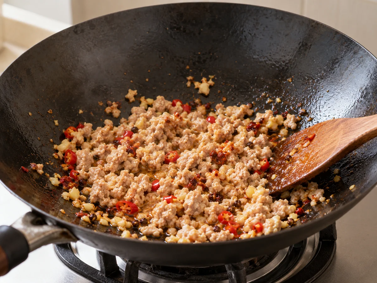 Cook aromatics and pork