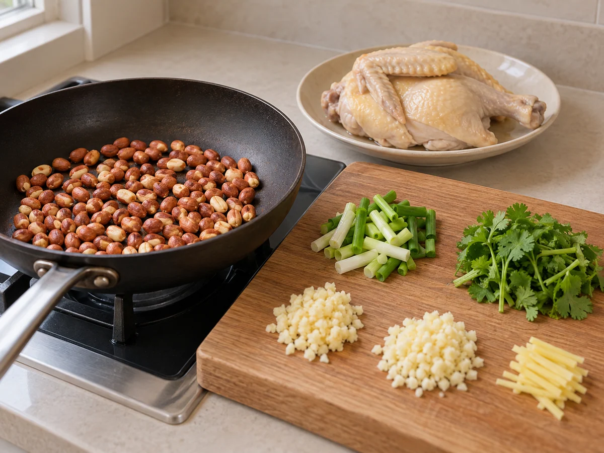Toast peanuts and cut aromatics