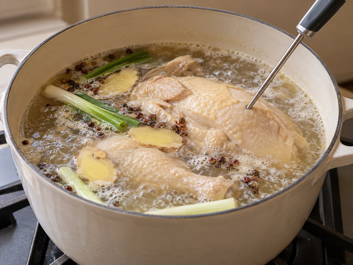 Prepare and poach chicken