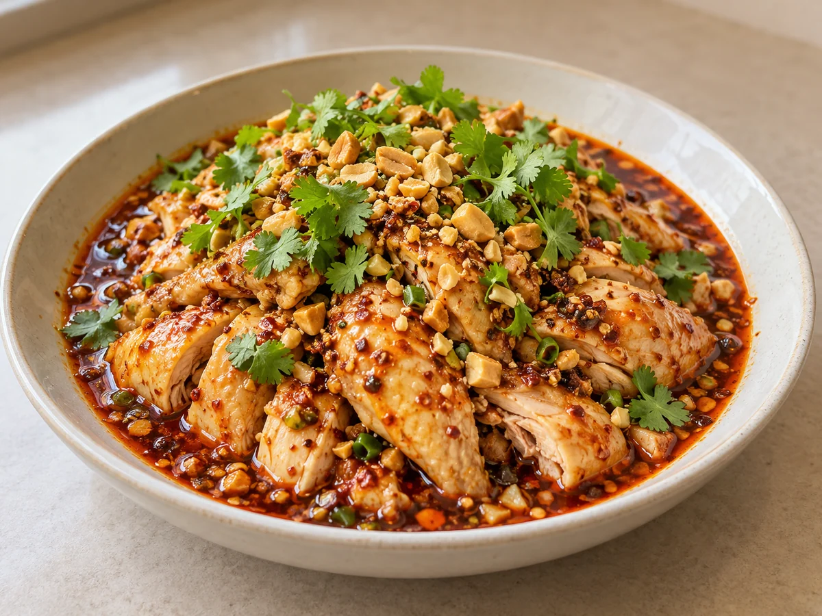 Cut cooked chicken and dress