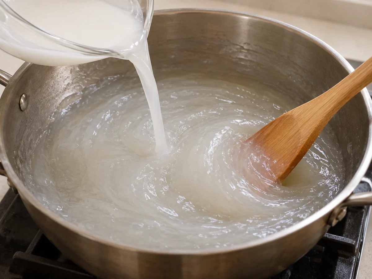 Pour and cook while stirring