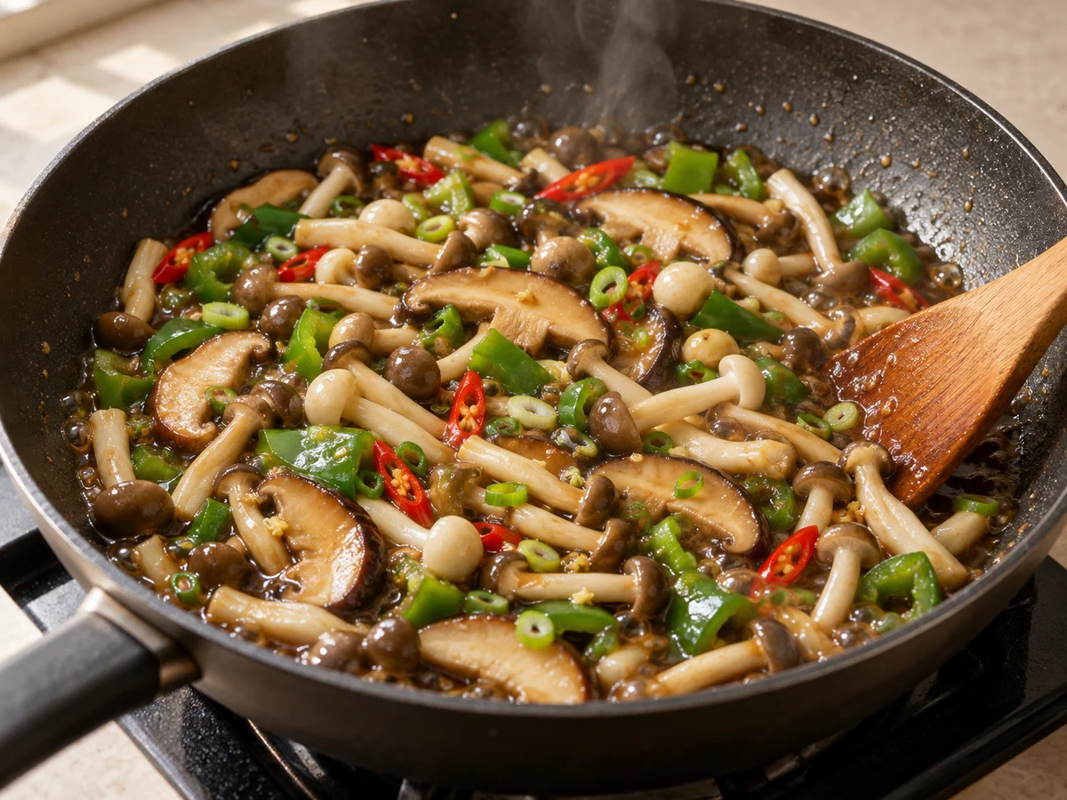Coat the mushrooms: Mushrooms are hot through with a glossy, flowing coating.