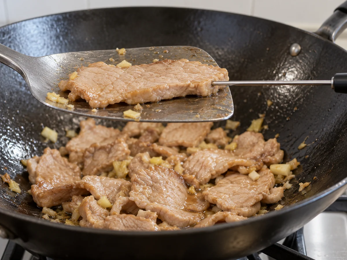 Stir-fry and check pork