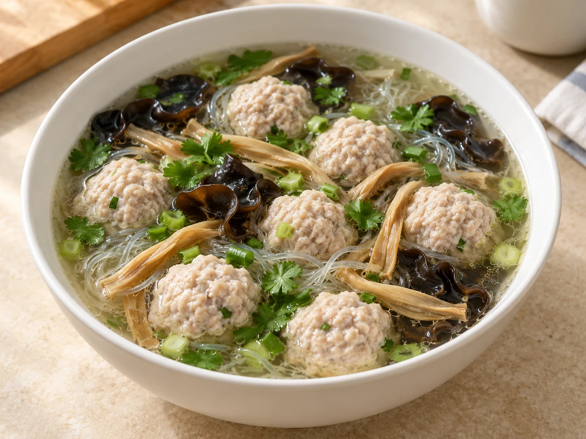 Poached pork meatball soup