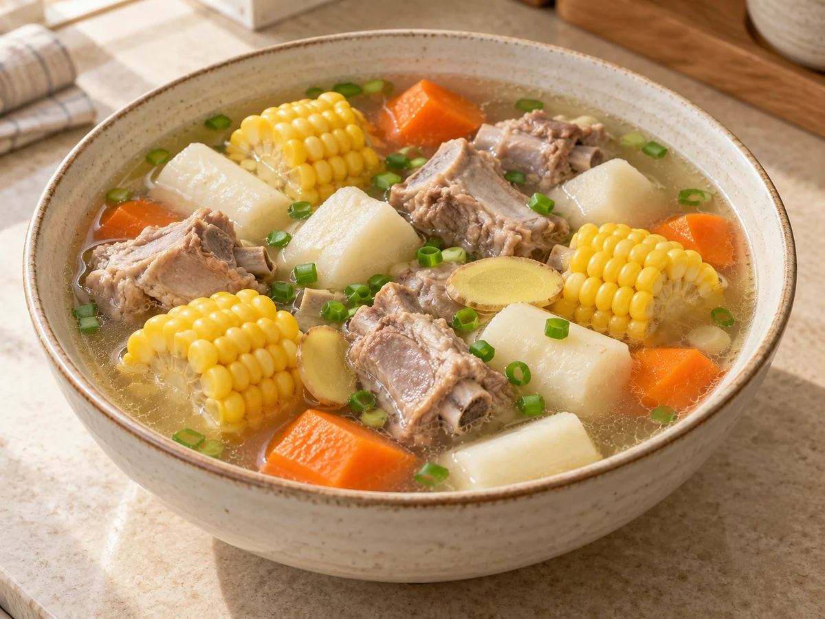 Pork rib, yam and corn soup
