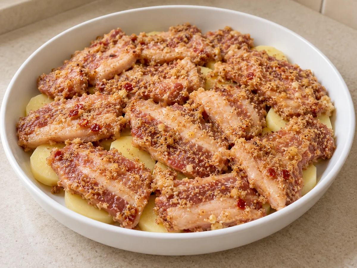 Coat and arrange pork loosely