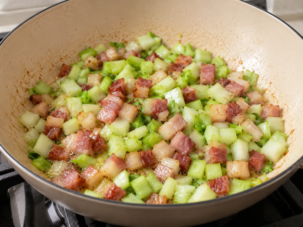 Fry pork and stems