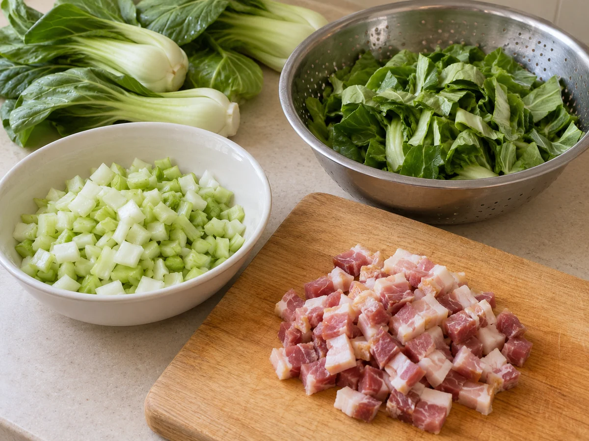 Prepare greens and check cured pork