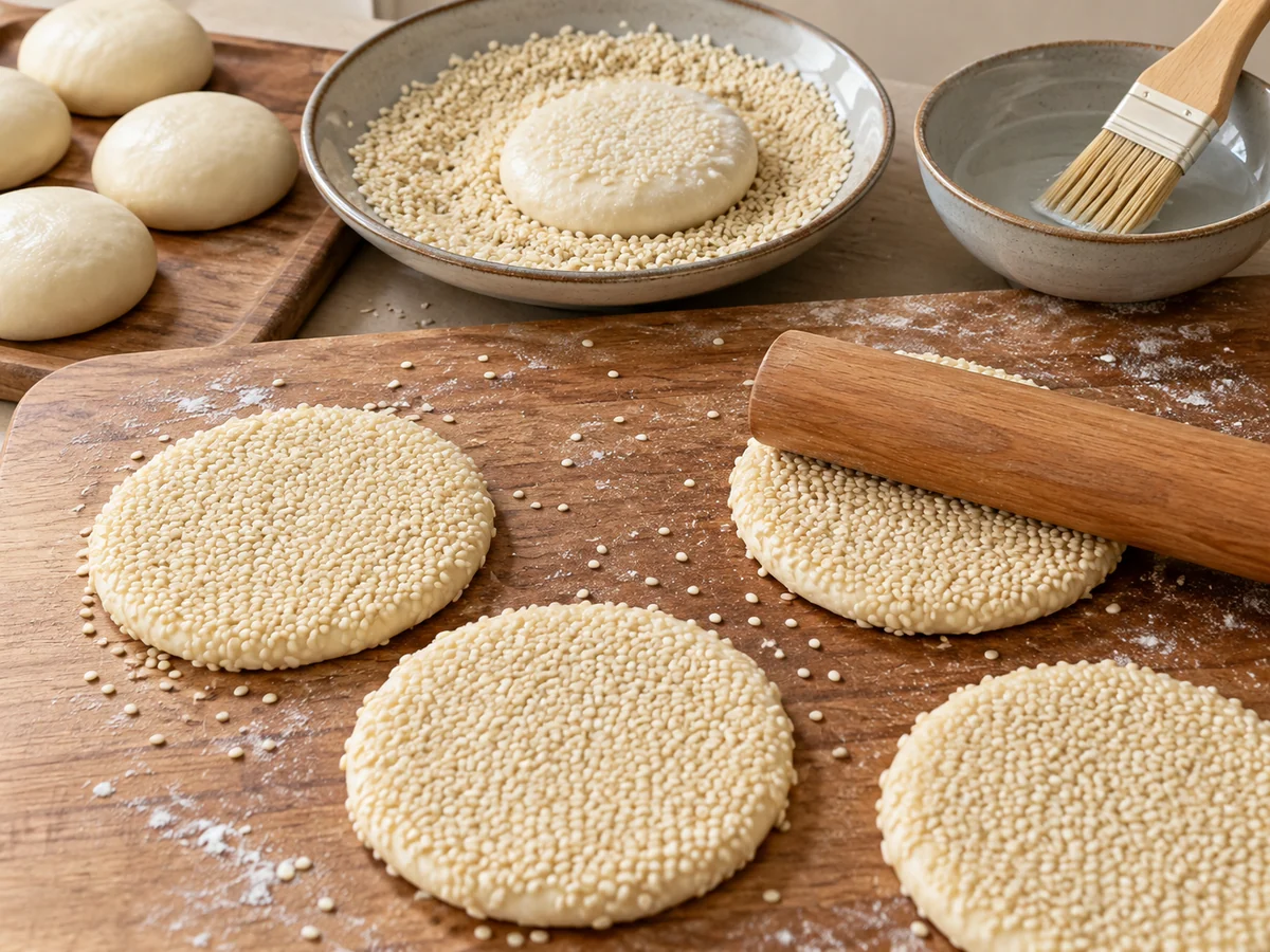 Coat with sesame and flatten