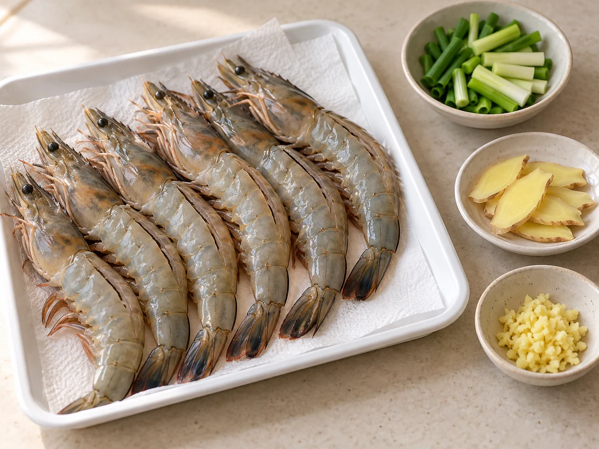 Prepare prawns and aromatics