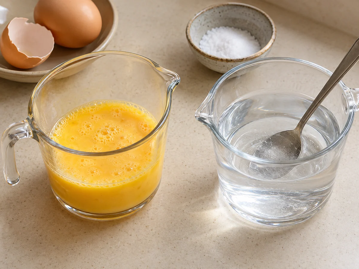 Beat eggs and measure water