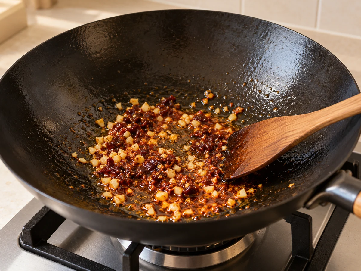 Fry garlic and bean paste gently