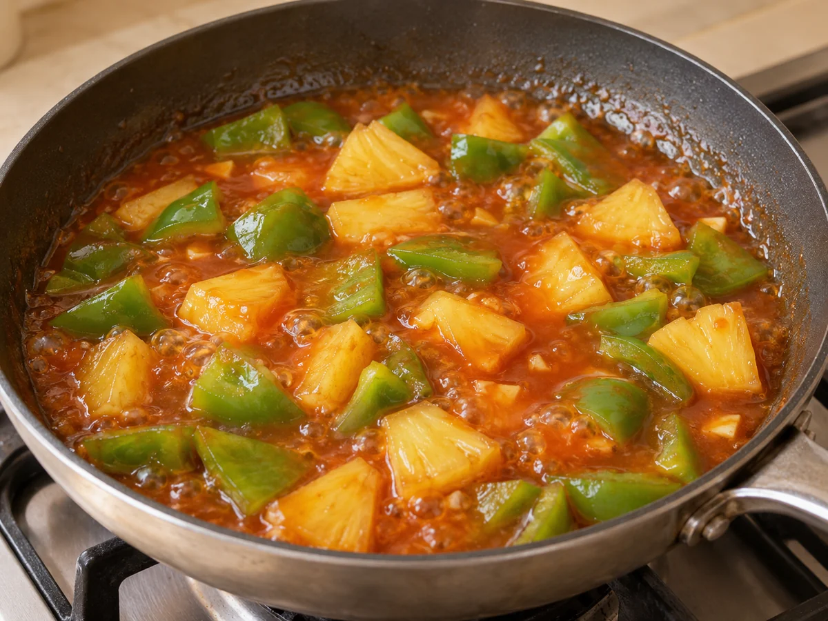 Cook the sauce and produce: The sweet-sour sauce is glossy, pepper slightly tender and pineapple intact.