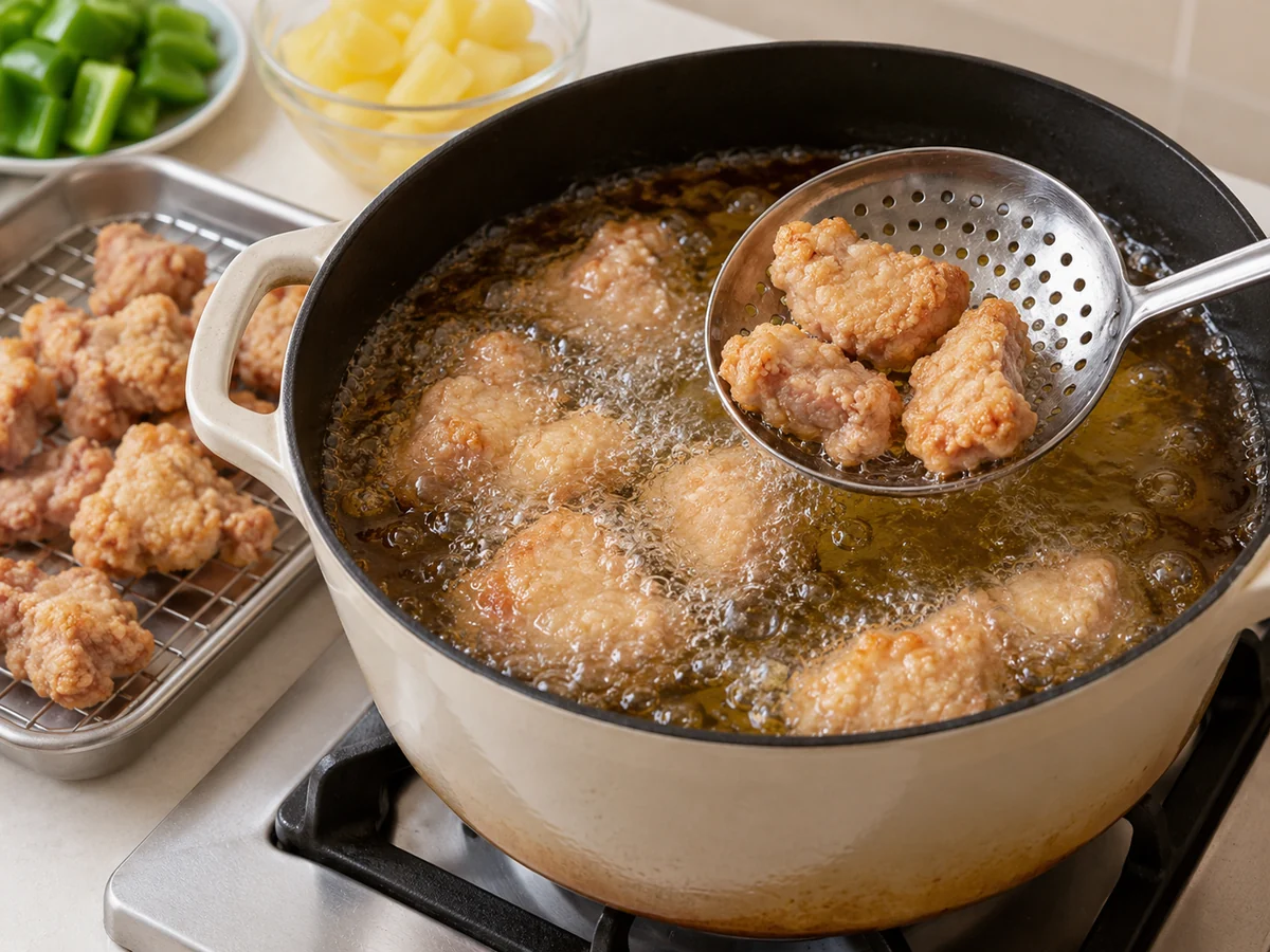 Fry pork in small batches: The pork coating is set and pale golden without wet white starch.
