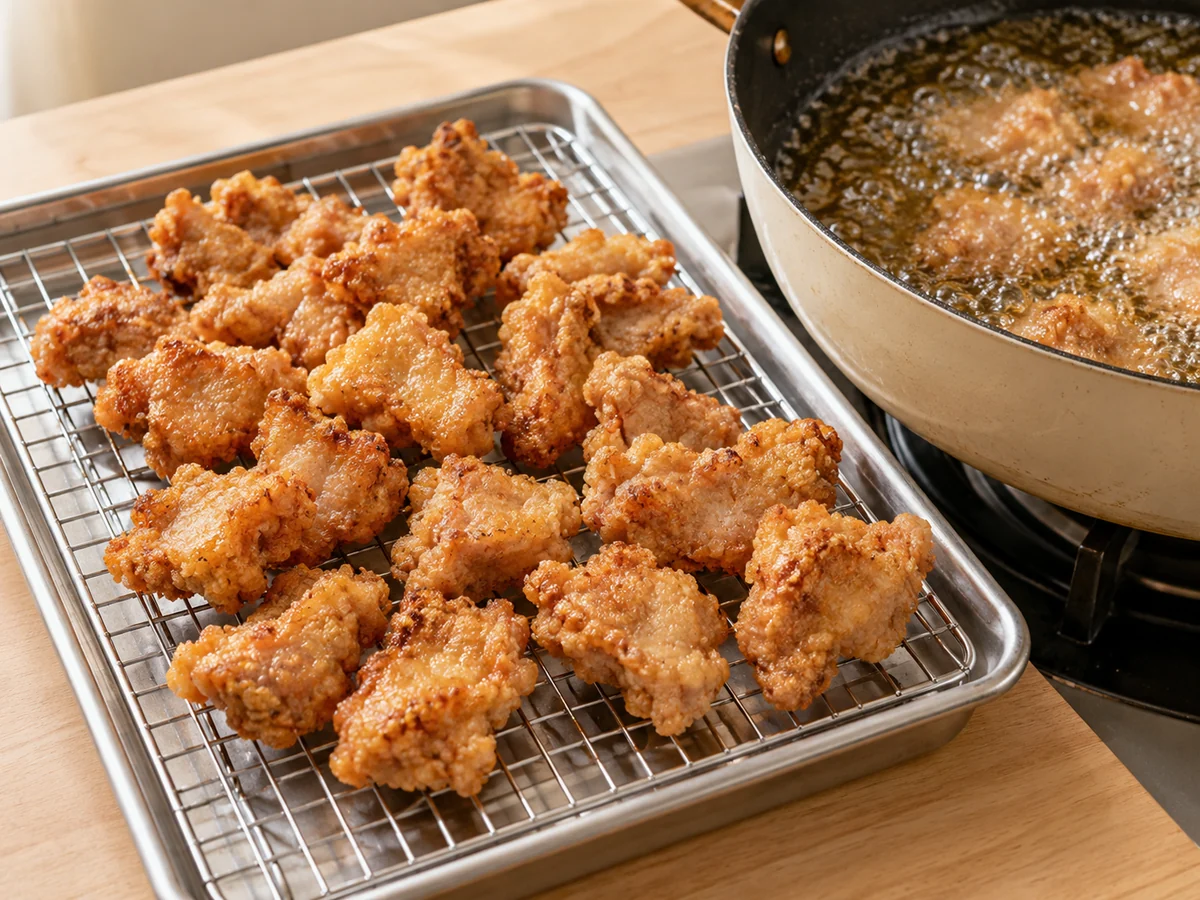 Re-fry briefly for crispness: The pork coating is golden and pieces remain separate on the draining rack.