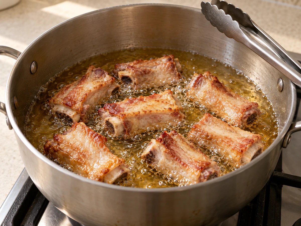 Fry in batches until golden: The ribs are pale golden outside and the oil remains controlled without scorching.