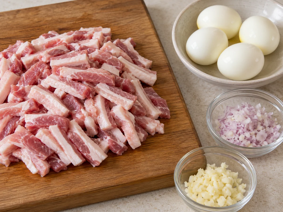 Cut pork and prepare optional eggs