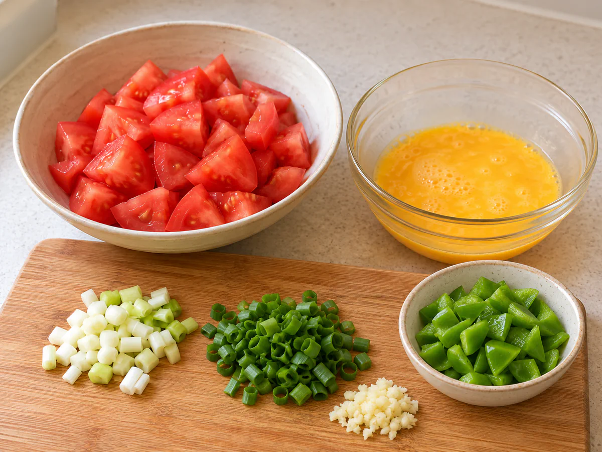 Cut tomato and beat egg