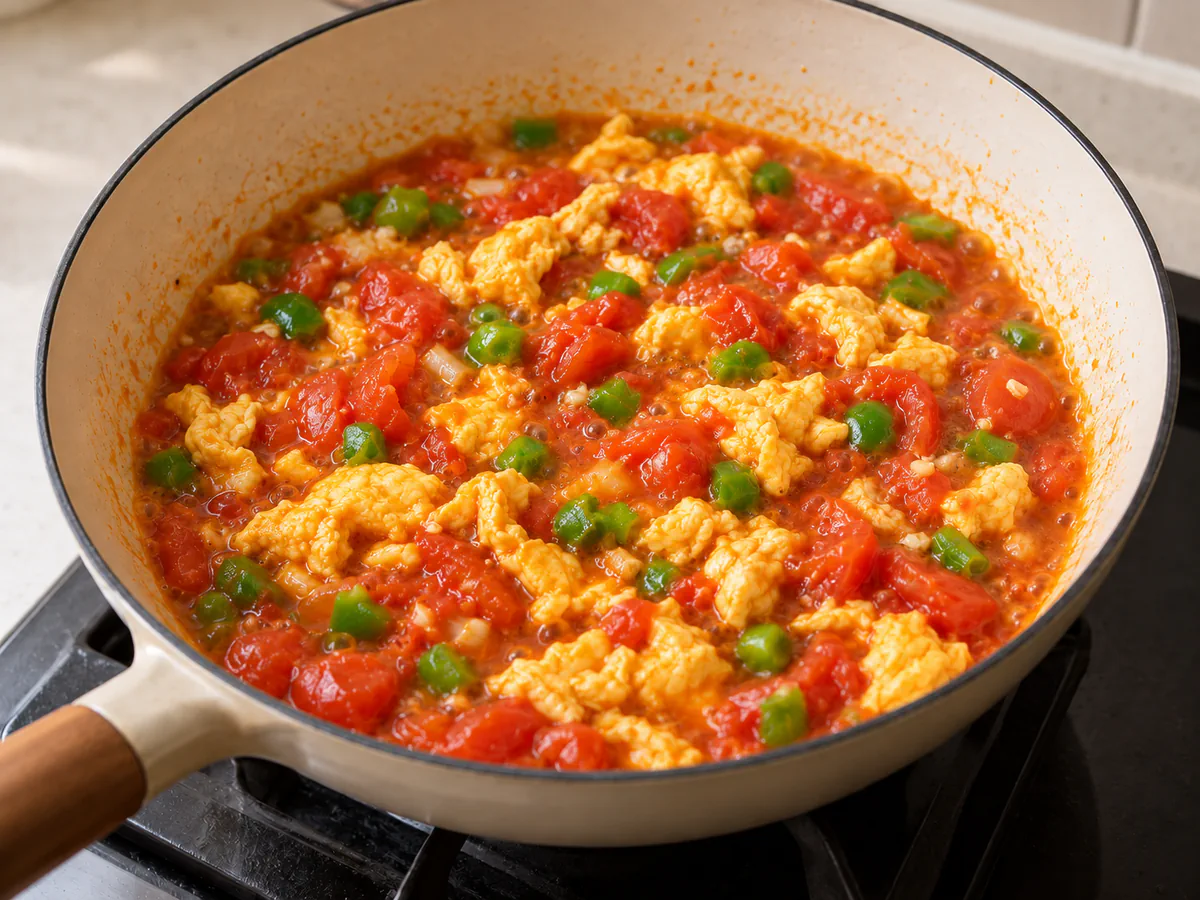 Simmer tomato and egg sauce