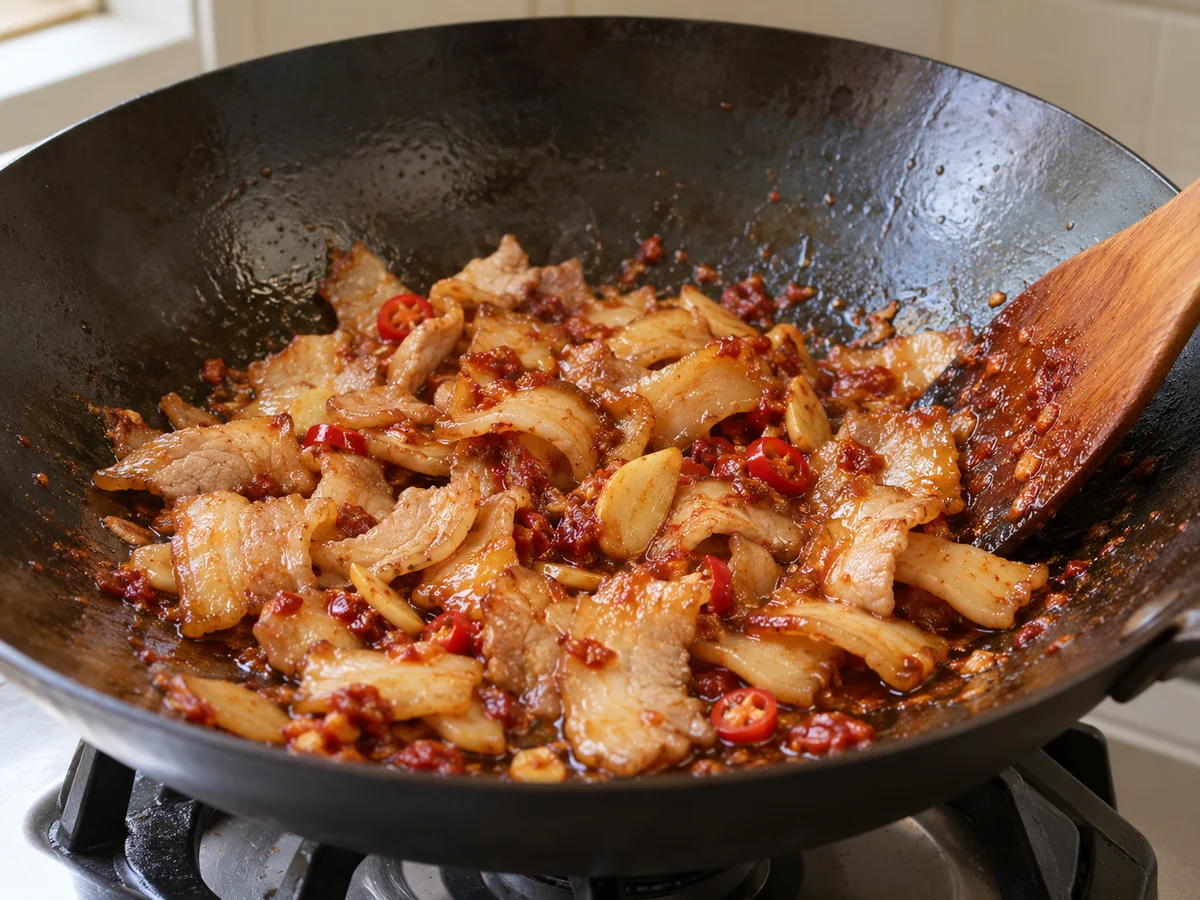 Render pork and add sauce