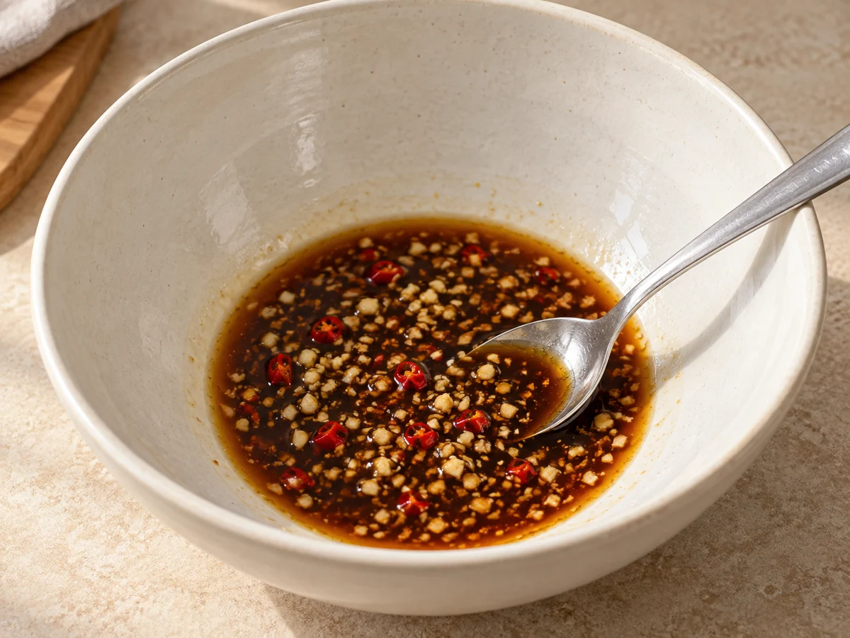 Chop garlic and mix dressing
