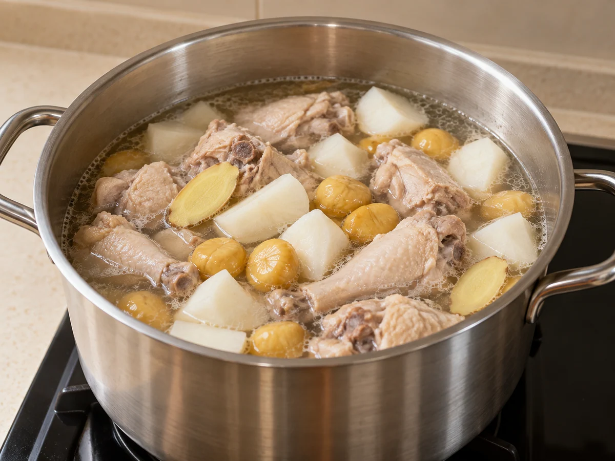 Simmer chicken, yam and chestnuts