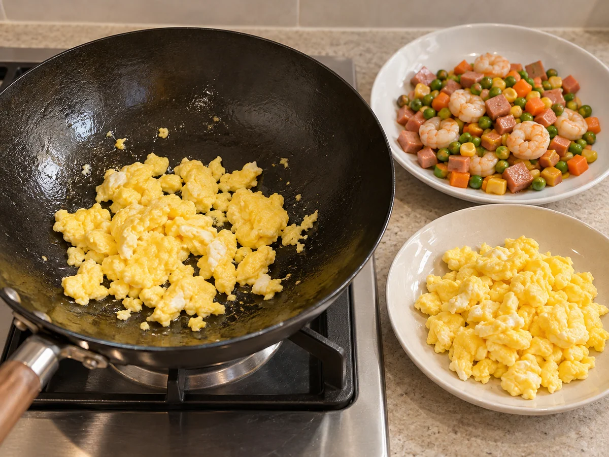 Cook egg and warm toppings