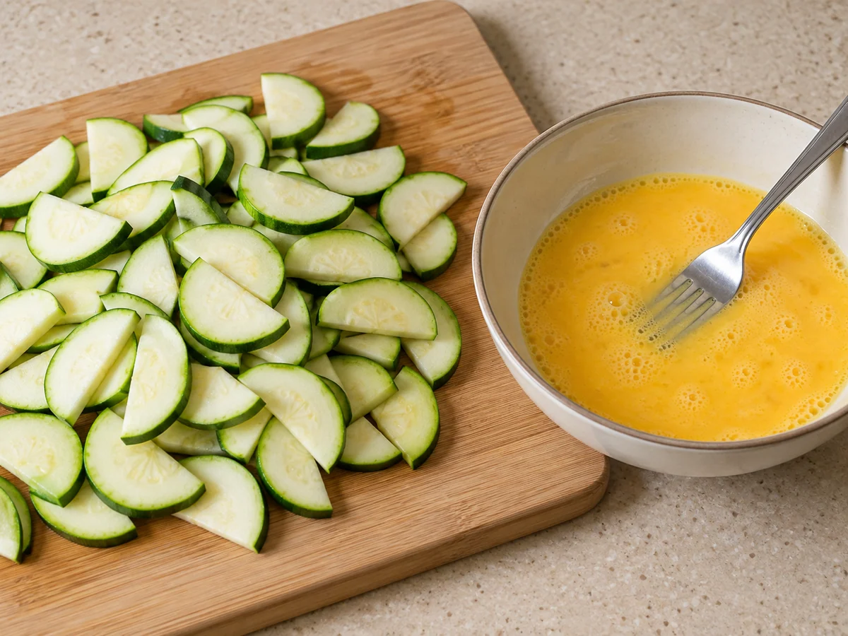 Cut vegetables and beat eggs
